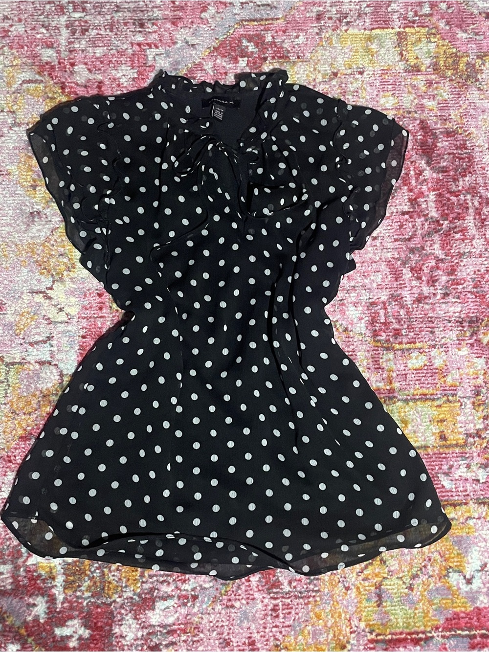Black Polka Dot Tie-Neck Blouse